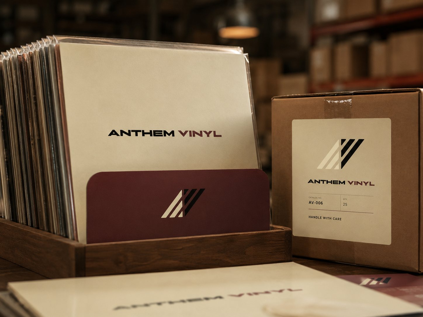 Records stacked on their side in a crate — the source of the mark