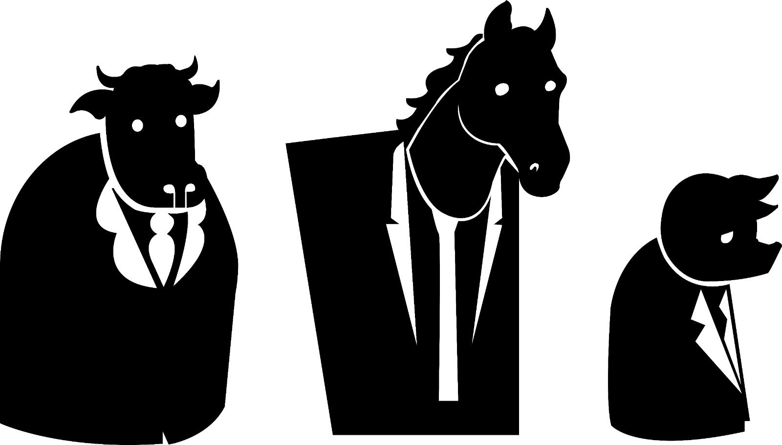 Final silhouettes: bull, horse and pig, all in suits
