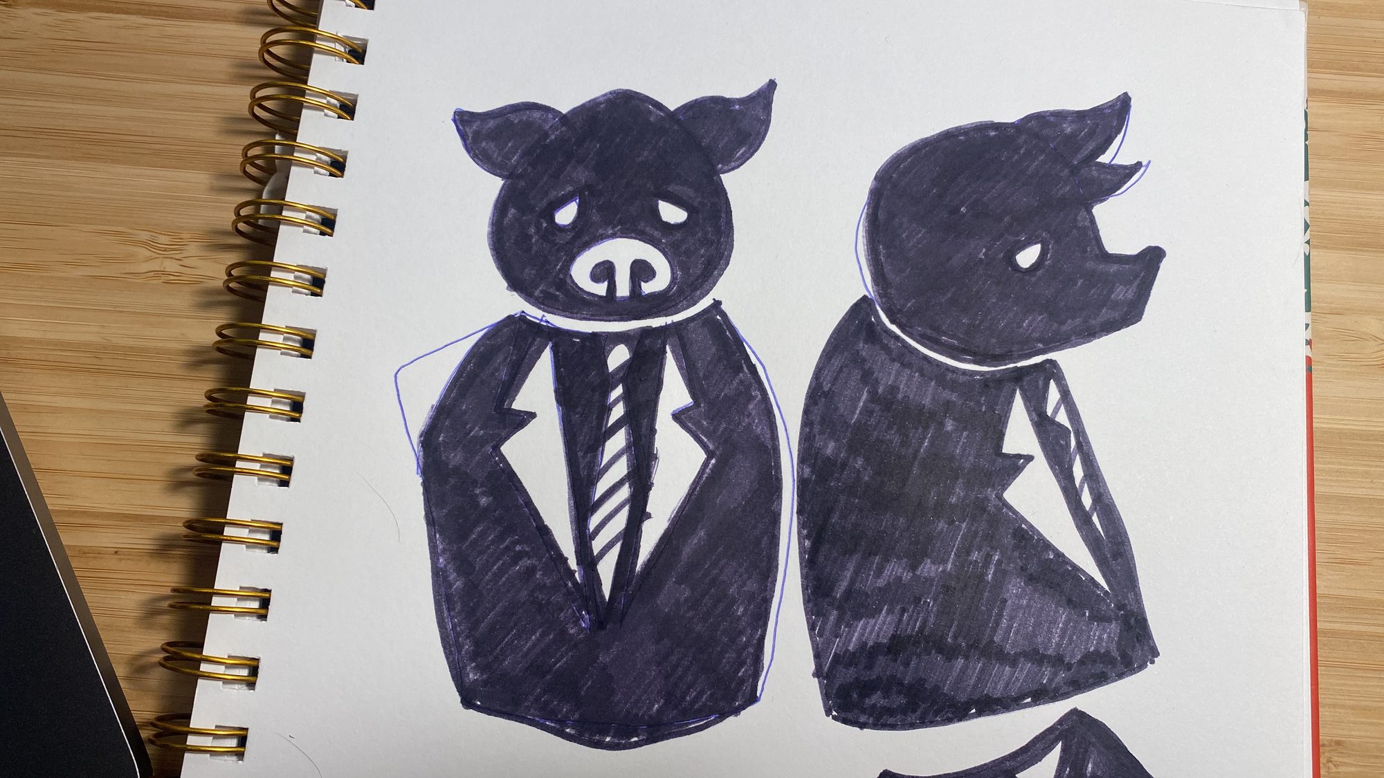Sketchbook page with pig and wolf characters in suits