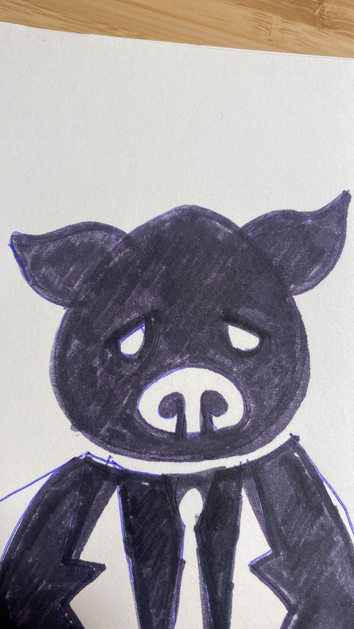 Hand-drawn pig character in a suit and tie